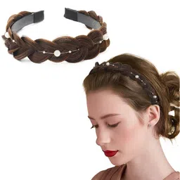 apsambr 1pcs Synthetic Hair Braided Headband Pearls Wide Plaited Braids Hair Band Stretchy Hairpiece for Women and Girls image 1