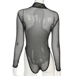 zoylink Women's Bodysuit Sexy Stripe See Through Mesh Long Sleeve Jumpsuit Sheer Top (Black&Red_Medium_Polyester) image 3