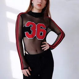 zoylink Women's Bodysuit Sexy Stripe See Through Mesh Long Sleeve Jumpsuit Sheer Top (Black&Red_Medium_Polyester) image 2