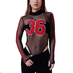 zoylink Women's Bodysuit Sexy Stripe See Through Mesh Long Sleeve Jumpsuit Sheer Top (Black&Red_Medium_Polyester) image 1