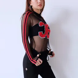 zoylink Women's Bodysuit Sexy Stripe See Through Mesh Long Sleeve Jumpsuit Sheer Top (Black&Red_Medium_Polyester) image 4