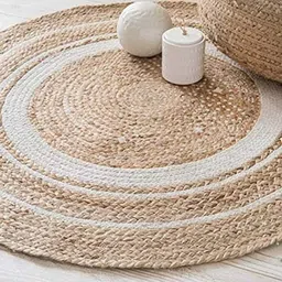 aiesy AIESY® Handwoven Jute and Chindi Rug, Braided Reversible Doormat for Entry gate & Living Room (Jute White, 60 cm Round) image 1