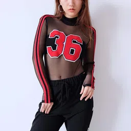 zoylink Women's Bodysuit Sexy Stripe See Through Mesh Long Sleeve Jumpsuit Sheer Top (Black&Red_Medium_Polyester) image 5