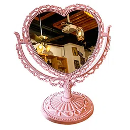 ELBME Table Mirror Double-Sided Decorative Household Heart Oval Shape Desktop Mirror Beauty Mirror Countertop Mirror Home Household Indoor Rotatable Pink image 1