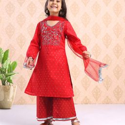Babyhug Three Fourth Sleeves Embroidered Kurti & Palazzo Set With Dupatta- Red-image-107