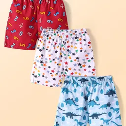 Babyhug Poplin Woven Boxers with Numbers Stars & Dino Print Pack of 3 - Red White & Light Blue-picture-13