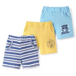 Doodle Poodle 100% Cotton Knit Knee Length Shorts with Stripe & Text Print Pack of 3 - Blue & Light Yellow-picture-11