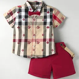 ToffyHouse Poplin Woven Half Sleeves Checekered Shirt & Shorts Set with Bow & Suspender - Maroon-picture-34