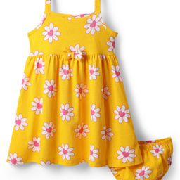 Babyhug Single Jersey Knit Sleeveless Floral Printed Frock With Bow Applique & Bloomer - Yellow-picture-36