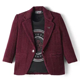 Dapper Dudes Full Sleeves Textured Blazer With Typography Printed Tee Set - Wine-picture-33