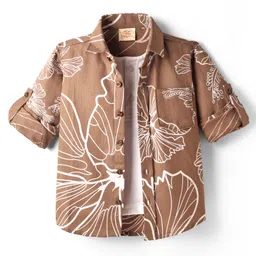 Rikidoos Full Sleeves Leaves Printed Shirt With Attached Tee - Dark Fawn & White-picture-23