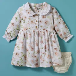 ToffyHouse Muslin Full Sleeves Peter Pan Collar Floral Printed Frock & Bloomer Set - White-picture-20