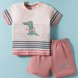 CUCUMBER Interlock Knit Half Sleeves T-Shirt & Shorts Set With Stripes & Crocodile Patch - Rose Gold & Cream-image-96