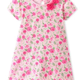 Babyhug 100% Cotton Single Jersey Knit Half Sleeves Frock With Bow Applique Floral Print Pack Of 2 - Pink image 2