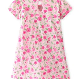 Babyhug 100% Cotton Single Jersey Knit Half Sleeves Frock With Bow Applique Floral Print Pack Of 2 - Pink image 3
