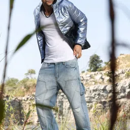 Campus Sutra Blue Regular Fit Quilted Hooded Jacket image 5