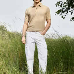Campus Sutra Beige Regular Fit Self Pattern Polo T-Shirt image 5