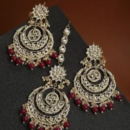 Zeneme Gold Plated Kundan Studded Red Pearl Beaded Maang Tikka & Earrings Set-picture-36