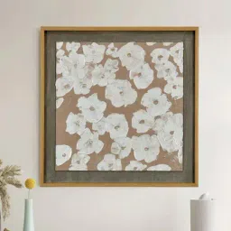 @home White & Beige Canvas Flower Textured Wall Painting-image-1