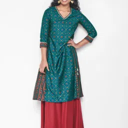 Global Desi Blue Printed A Line Kurta image 5