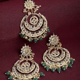 Zeneme Gold Plated Kundan Studded Green Pearl Beaded Maang Tikka & Earrings Set-picture-17