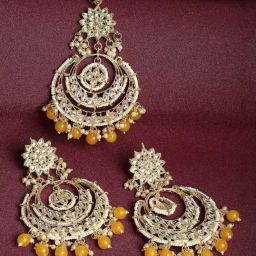 Zeneme Gold Plated Kundan Studded Yellow Pearl Beaded Maang Tikka & Earrings Set-picture-31