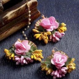 Zeneme Pink Yellow Gold Gotta Patti Drop Maang Tikka & Earring Set-picture-19