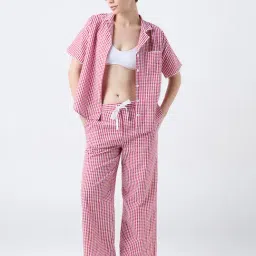 Wunderlove by Westside Red Checkered Cotton Shirt and Pyjamas Set image 3