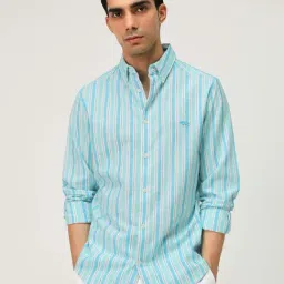 Andamen Blue Cotton Slim Fit Striped Shirt-image-9