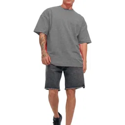 Leotude Men Solid Round Neck Cotton Oversized T-shirt image 5