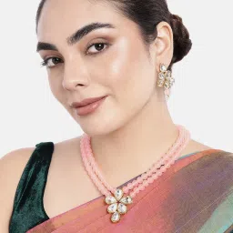 Peora Gold-Plated Peach Beads Necklace White Choker with Drop & Stud Earrings Set image 5