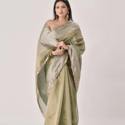 Sutra Attire Olive Green Ranisa Edit Banarasi Handwoven Tissue Saree with Unstitched Blouse Piece image 5