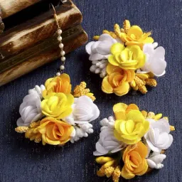 Zeneme White Yellow Gota Patti Maang Tikka & Earring Set-picture-29