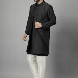 Utsav Fashion Mandarin Collar Dupion Silk Straight Kurta With Trousers & Long Jacket image 4