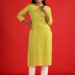 Indo Era Green Cotton Striped Straight Kurta-image-0