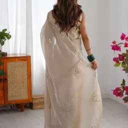 Saree Mall Cream Organza Embellished Saree with Blouse Piece image 2