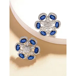 KARATCART Silver-Plated American Diamond Studded Elegant Floral Design Studs Earrings image 1
