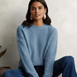 Globus Women Blue Round Neck Drop Shoulder Sleeves Self Design Cable Knit Pullover Sweater-picture-35