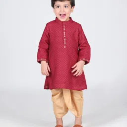 Babyhug Woven Swiss Dot Dobby Full Sleeves Kurta  Dhoti Set - Red-picture-13