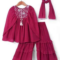 Babyhug Woven Cape Sleeves Kaftan Style Kurti Gharara Set with Dupatta & Sequin Embroidery - Hot Pink-picture-11