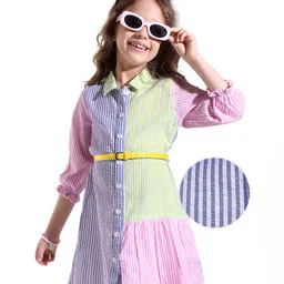 Hola Bonita WovenThree Fourth Sleeves Dress In Stripe Fabric & Cut & Sew Design - Multicolor-picture-23