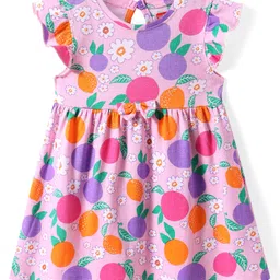 Babyhug Cotton Knit Frill Sleeves Frock With Floral & Fruit Print - Pink-image-12