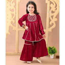 Superminis Velvet Full Sleeves Gota Lace Embellished Kurta Sharara Set - Wine-picture-25