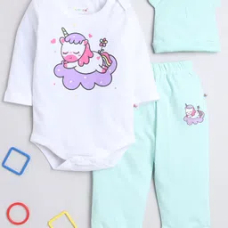 BUMZEE Cotton Knit Full Sleeves Unicorn Printed Onesie & Jogger with Cap - Sea Green-image-23
