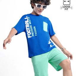 Ollington St. Cotton Half Sleeves T-Shirt & Shorts Set With Football Print - Blue & Lime Green-image-37