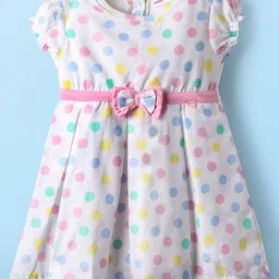 Babyhug Cotton Woven Half Puffed Sleeves Frock With Polka Dots Print & Bow Applique - White-picture-17