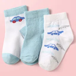 Cute Walk by Babyhug Knit Ankle Length Antibacterial Socks With Vehicle Design Pack Of 3 - Light Blue & White image 1