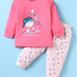 CUCUMBER Sinker Knit Full Sleeves Night Suit with Bird Print - Pink-picture-16