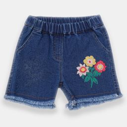Creative Kids Denim Cotton Floral Embroidered Frayed Shorts - Navy Blue-picture-45