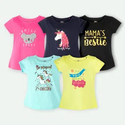 Ariel Cotton Knit Pack Of 5 Half Sleeves Unicorn & Typography Printed Tops - Black Yellow Pink Navy & Sky Blue-picture-27